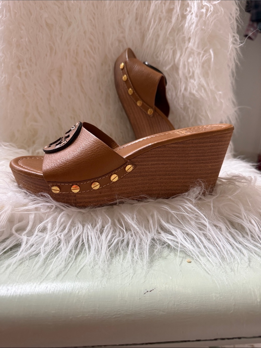 Tory Burch Cognac Leather Logo Slide Mules - Picture 3 of 6